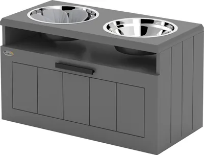 Zdjęcie produktu dla Miski dla psa, podwyższona stacja karmienia z 2 miskami ze stali nierdzewnej, mata zapobiegająca zawieszaniu się, stojak na miskę dla psa z miejscem do przechowywania 25 l, miska na karmę, miska na wodę dla dużych i bardzo dużych psów, szara