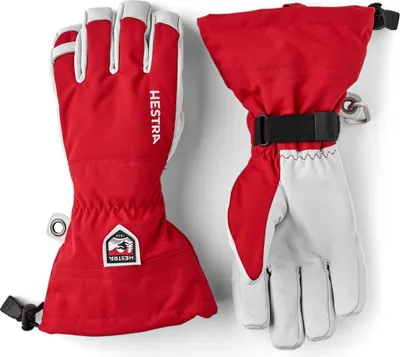 Rote Skihandschuhe "Army Leather Heli Ski - 5 finger" von Hestra; mit grauen Handflächen und verstellbarem Bündchen.