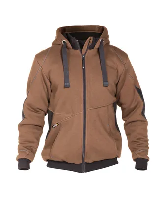 A brown and gray hooded sweatshirt jacket is shown against a white background.