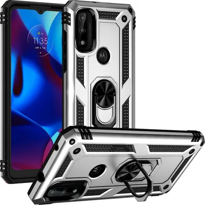 Image de Étui pour Motorola G Pure étui de protection militaire double couche avec support d'anneau et support Argent