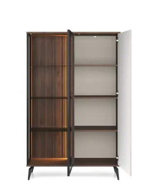 Image de BETTSO Vitrine haute moderne vitrée avec éclairage LED VICO Noyer Warmia + Beige