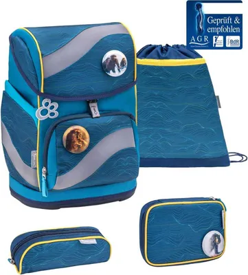 Produktbild von Belmil Smarty ergonomisches Schulranzen Set 4-teilig Waves Orange mit Brustgurt, Hüftgurt, Magnetverschluss, Patch Set 3 Stück Schulranzen
