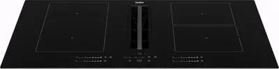 A black induction hob with an integrated downdraft extractor, shown from a slightly elevated front-facing angle on a white background.