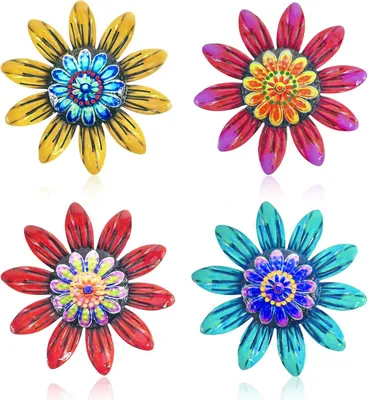 Imagen del producto de Decoración de pared con motivos florales de metal, juego de 4 piezas, de colores variados, fabricada en hierro forjado, ideal para jardín y terraza