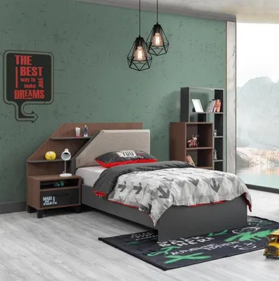 Produktbild von Modernes Kinderbett mit Nachttisch aus Holz in Grau und Braun