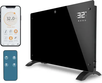 Zdjęcie produktu dla Grzejnik elektryczny Peviasot, 2000W, czarny, konwektor szklany, sterowanie Wi-Fi przez aplikację, termostat 5–50°C, timer 24h, grzejnik ścienny i stojący na kółkach