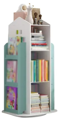 Kinderbücherregal, drehbar, Hausform, 41x41x95 cm, Blau/Weiß