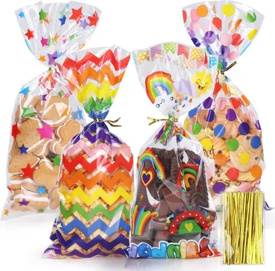 Image de 100 sachets cellophane transparents avec des cravates twist - 27 x 12,5 cm, 4 modèles party petits pains en papier pour les bonbons