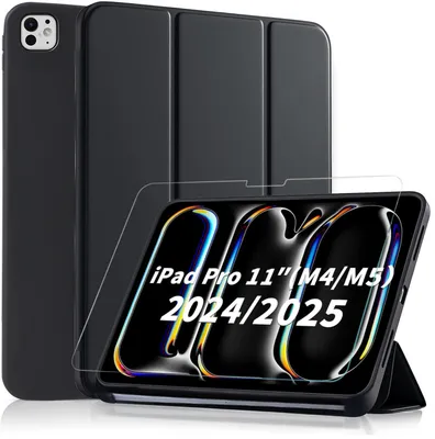 Produktbild von CLM-Tech Tablet Hülle + Panzerglas kompatibel mit iPad Pro 11 Zoll M5 / M4 (2025/2024) - Tasche aus Kunstleder - Schutzhülle Case schwarz und Folie klar