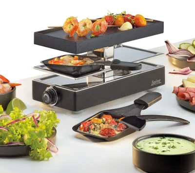 Raclette-Grill für 2 Personen, 440 W, Alu-Platte, 2 Pfännchen