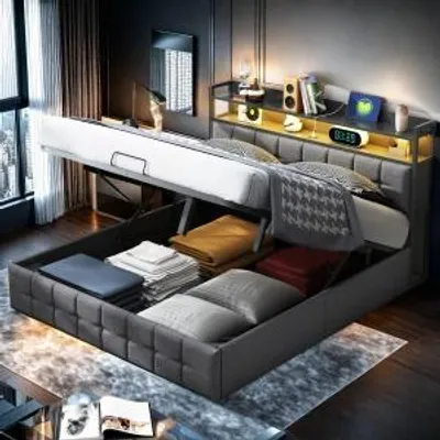 Obrázok produktu pre Čalúnená posteľ UnboxG LED 160X200 cm, posteľ s veľkým úložným priestorom a lamelovým roštom, rám postele s kovovou skriňovou pružinou, čalúnené čelo s poličkou a pripojením na nabíjanie USB, sivá