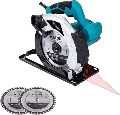 Imagen del producto de Sierra circular KATSU de 185 mm y 1600 W, con láser y 2 discos de corte (24T + 40T), profundidad de corte máxima de 65 mm (a 90°) y 45 mm (a 45°). Sierra circular manual para el trabajo de la madera, corte de madera, metal y plástico