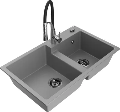Produktbild von Mexen Tomas 2-Becken-Granitspüle mit Mischbatterie Aster, Grau - 6516-71-73450-07-B