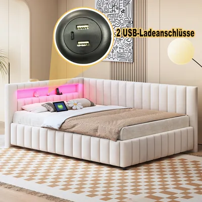 Produktbild von okwish Schlafsofa Polsterbett 140x200, Gepolstertes aus Samtstoff mit LED-Licht und USB-Ladeanschluss,mit Rückenlehne und Kopfteil,Beige-Ohne Matratze