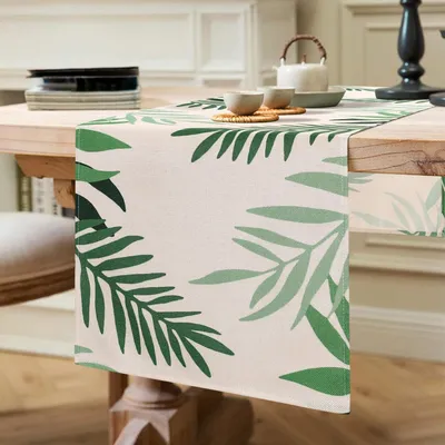 Immagine prodotto di Runner da tavolo verde scuro, motivo foglie, in poliestere, 40x140 cm