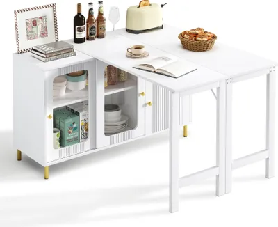Produktbild von Fortuna Lai Moderner weißer Buffet-Sideboard mit klappbarer und ausziehbarer Tischplatte, drehbarer Oberfläche, goldenen Metallbeinen, Glasschiebetüren und Wellenmuster – Perfekt für Esszimmer und Küche