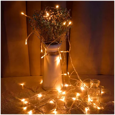 Obrázok produktu pre ISOISL Svetelné reťaze, 400 LED, teplá biela farba, dĺžka osvieteného úseku 100 metrov, celková dĺžka 105 metrov, ochrana IP44, 8 režimov, vhodné na balkón a terasu
