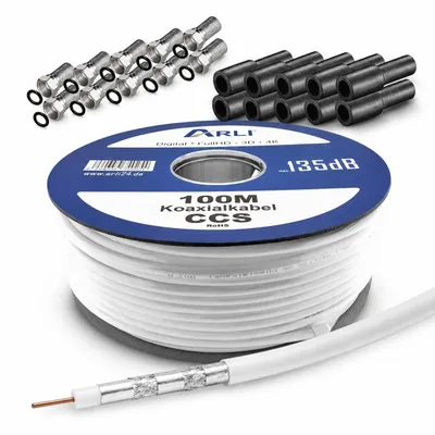 Produktbild von 100m ARLI Koaxialkabel – max. 135 dB 5-fach geschirmt + 10x F-Stecker mit Dichtring und 10 Gummitüllen DVB-S2 DVB-C2 DVB-T2 4K HD TV