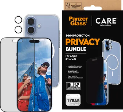 Zdjęcie produktu dla PanzerGlass ® | CARE by ® 3-in-1 Flagship Privacy Bundle iPhone 17, Apple, Apple - iPhone 17, Aplikacja na sucho, Odporny na zadrapania, Odporny na wstrząsy, Przezroczysty, 1 szt.