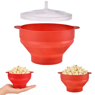 Faltbarer Silikon-Popcornbehälter mit Deckel, rot, 85 x 125 mm