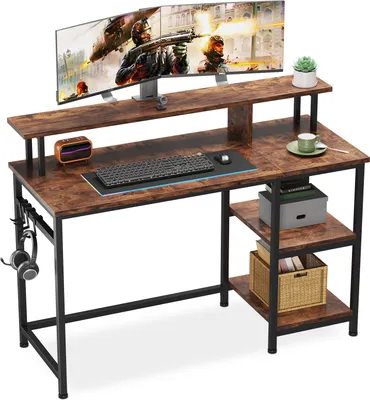 Produktbild von Iropro Schreibtisch Computertisch mit Monitorständer und 2 Regal 107x46x95cm Vintage Braun
