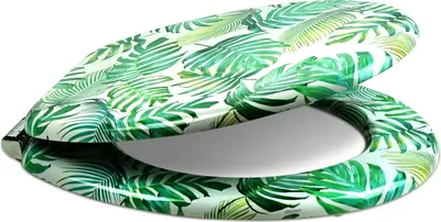 A toilet seat with a tropical leaf pattern.
