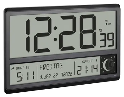 A digital clock displaying time, date, sunrise and sunset times, and moon phase.