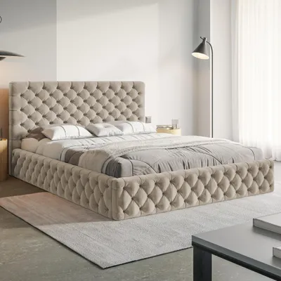 Produktbild von MOTIVENA Dalia Chesterfield Polsterbett 180x200 mit Bettkasten, Holz Lattenrost, Bett 180x200 Beige Samt (Jasmine 24)