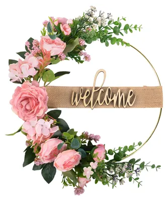 Blumenkranz mit Kunstrosen, Willkommens-Schild, 30 cm