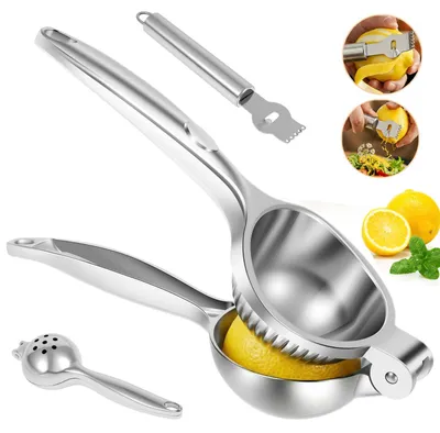 Obrázek produktu pro Citrusový lis o průměru 7 cm, vyrobený z nerezové oceli, 2 v 1 s odstraňovačem slupek, vhodný do myčky, ideální pro přípravu koktejlů