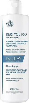 A white bottle of Ducray Kertyol Pso Cleansing Gel.
