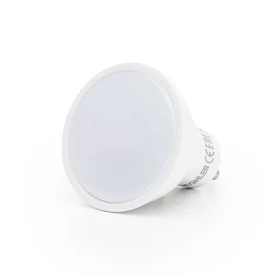 A white LED light bulb is shown against a white background.