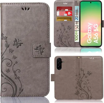 Produktbild von Handytasche für Samsung Galaxy A56 5G Schutz Hülle Handyhülle mit Blumenmuster Klapp Hülle mit Standfunktion und Kartenfächer Farbe: Grau