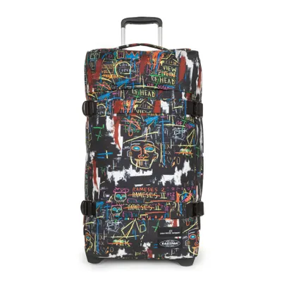 A product shot of a suitcase with a colorful, artistic pattern.