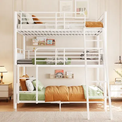 Produktbild von okwish Kinder-Metallbett 90×200 mit 3 Schlafplätzen, Sicherheitsgeländer und 2 Leitern,Jugendbett abnehmbare Bauweise,Weiß,ohne Matratze