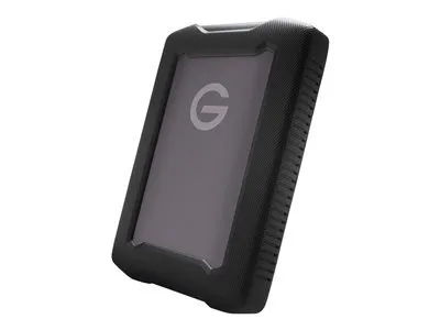A black external hard drive with a gray face and a gray 'G' logo is shown against a white background.