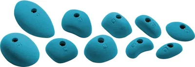 Set von 10 blauen Sloper-Klettergriffen aus Kunststoff von Ocun; geeignet für Kletterwände.