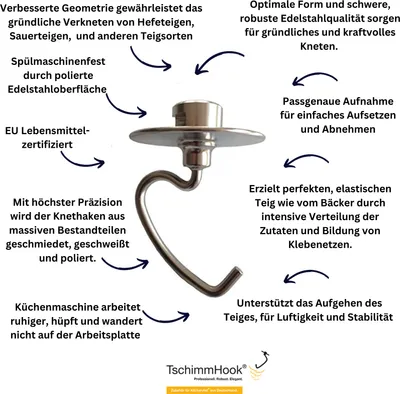A metal dough hook with descriptive text callouts.