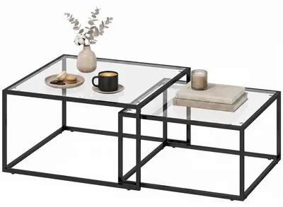 Produktbild von Couchtische 2er-Set Satztisch mit geh?rteter Glasplatte und Metallrahmen, fš¹r Wohnzimmer Schwarz