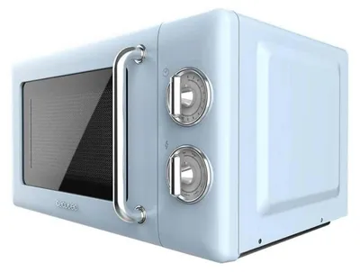 A close-up, studio shot of a light blue retro-style microwave.