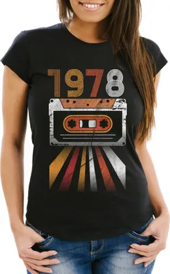 Produktbild von Damen T- Shirt Geburtstag, Retro Aufdruck Kassette Geburtsjahr 1970 bis 1979 lustiges Geschenk für Frauen MoonWorks® 1978 schwarz 3XL
