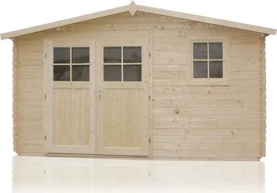 A wooden garden shed with double doors and a window.