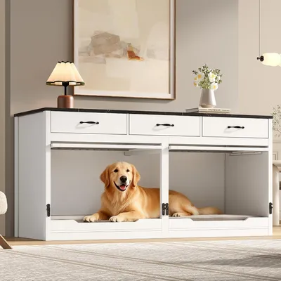 Produktbild von Holz-Metall-Hundemöbel für 2 Hunde, 164×60×81 cm, Hundehütte für den Innenbereich, Klappdeckel, abnehmbare Trennwand, 3 Schubladen, Weiß und Schwarz