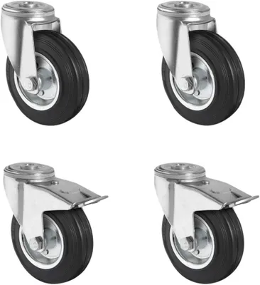 Produktbild von Rollensatz mit 2 Rückenlochlenkrollen und 2 Feststellern, Stahlfelge, Vollgummi, Durchmesser 160 mm, Transportrollen, Traglast 405 kg (4er Set)