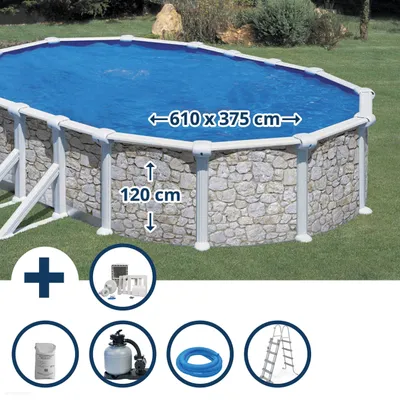 Produktbild von Stahlwandpool Set (6-teilig) hoch oval 610 x 375 x 120 cm, Stahl 0,45mm Steinoptik Folie 0,3mm blau
