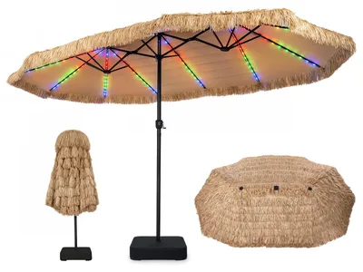 Produktbild von COSTWAY Doppel Sonnenschirm mit Ständer & Solar-LED 450x260cm, PE-Strohschirm Hawaii mit 12 Lichtmodi, 2 Ladeoptionen & Kurbel, Gartenschirm