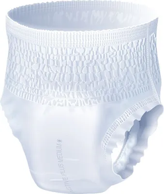 A white incontinence pant is shown against a white background.