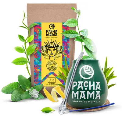 Produktbild von Pachamama - Guayusa Tee Set Menta Limón 100g - Grüner Keramik Mate Becher 350ml - Hoher Koffeingehalt - 100% Blätter Luftgetrocknet - Bombilla