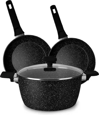 Immagine prodotto di Set da quattro pezzi con coperchio - 2 padelle per tortillas, 1 pentola - Adatto a fornelli a gas, elettrici e a induzione - Rivestimento antiaderente in granito - Design ergonomico - Padelle per tortillas - Padella - Padelle - Padella a induzione