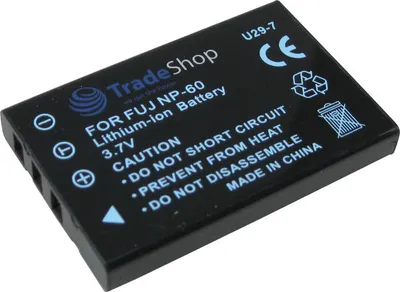 A black lithium-ion battery for a camera, with text and symbols printed on it.
